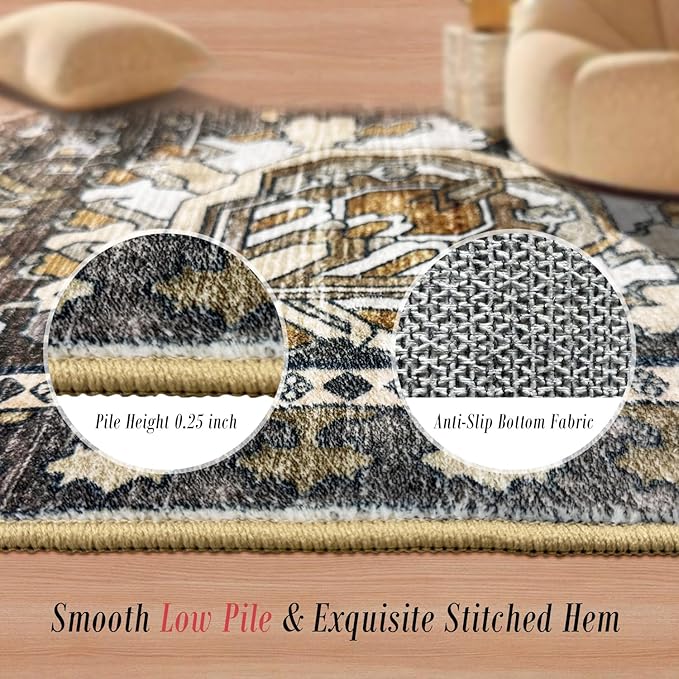 RUGSURE Washable Area Rugs - Perfect for Living Room, Bedroom, Kids Room, Nursery - Stain & Water Resistant Non-Slip, Pet & Child Friendly, Vintage Tribal Area Rugs (Ivory, 5' x 7')