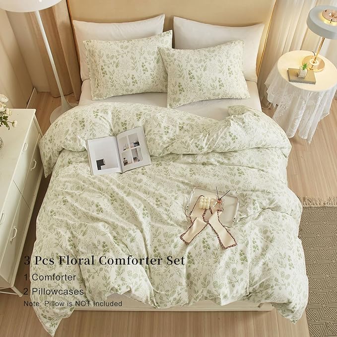 EAVD Fresh Green Floral Comforter Set Full White Fluffy Soft Microfiber Chic Garden Floral Bedding Full Bed Comforter and 2 Pillowcases Reversible Vintage Botanical Comforter Set for All-Season