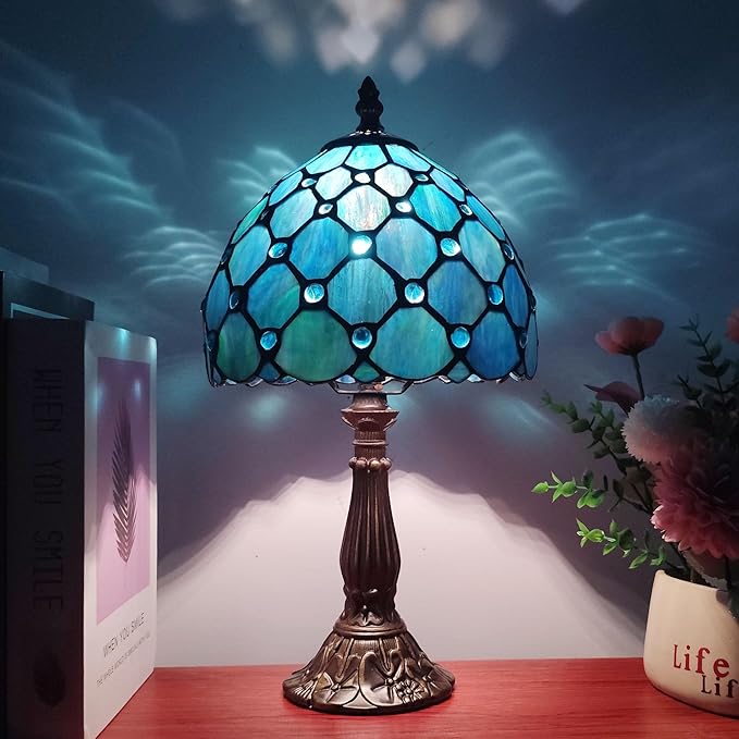 Small Tiffany Table Lamp 8 Inch Blue Pearls Style Tiffany Style Stained Glass Antique Light Bedroom Bedside Lamp Retro Reading Light