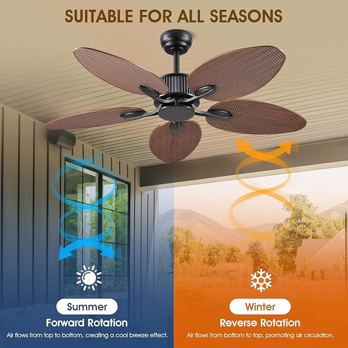 50 Inch Tropical Ceiling Fan no Light, Outdoor Waterproof Palm Leaf Ceiling Fans for Patios Porches, Remote +APP Control, Wet Rated, 6 Speeds, Quiet, Brown