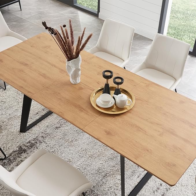 ZckyCine 63"-79" Expandable Dining Table Set for 6, Wood Table & 6 White Chairs, Extendable Kitchen Dining Table Set for Kitchen & Dining Room, Modern Oak & White