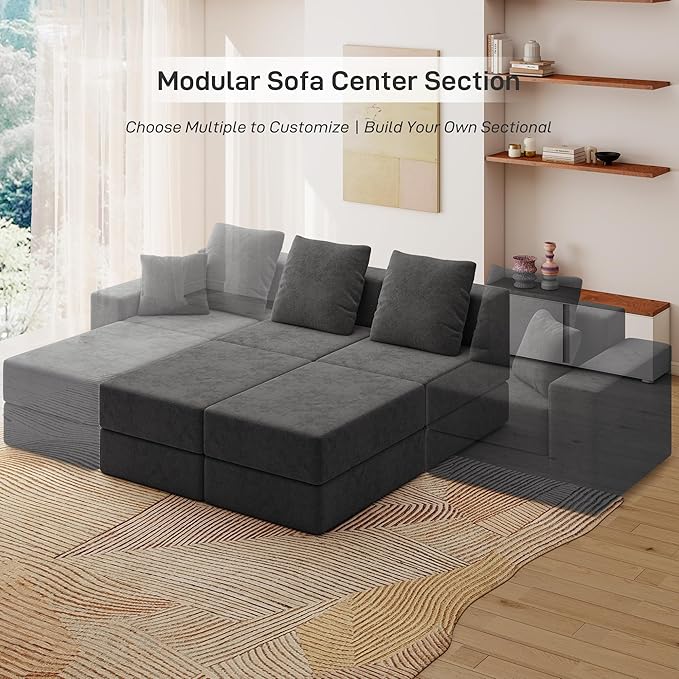 Living&Giving Cloud Sectional Couch for Living Room, Modular Boneless Couch with 1 Ottoman, Middle-seat Can Be Combined with Modular Sofa, Customizable Layout for Any Space, Dark Grey