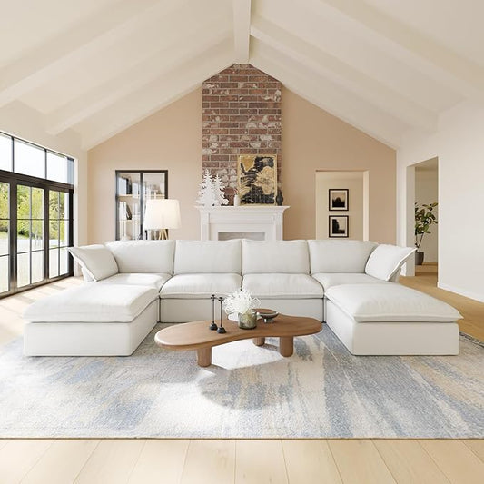 Cloud Modular Sectional Sofa,165.2" Down Filled U Shaped Sofa Couch for Living Room,Minimalist Wide Deep Seat Convertible Couches,Sofa Covers Washable&Replaceable (4 Seater and 2 Ottoman,White)
