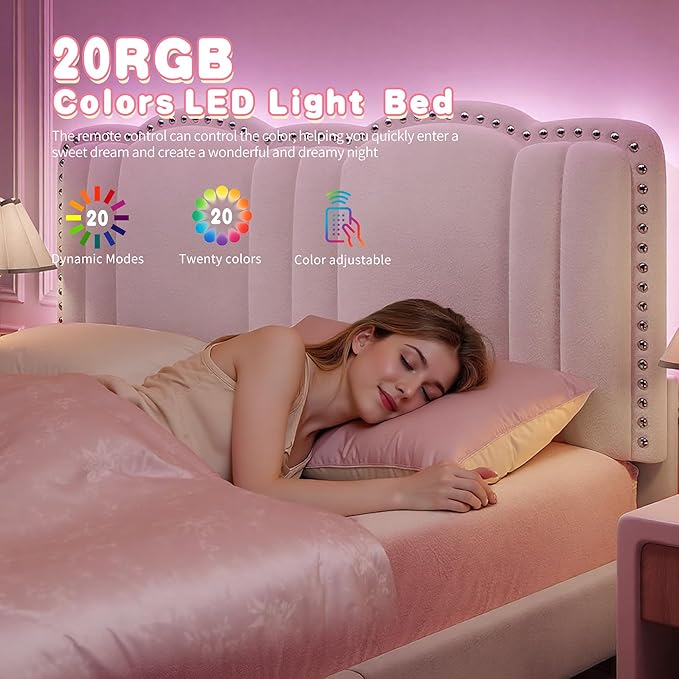 EnHomee Queen Bed Frame with LED and Velvet Headboard, Bed Frame Queen Size with Adjustable Cute Cloud Headboard, Strong Support, Noise Free, No Box Spring Needed, Easy Assembly, Cream