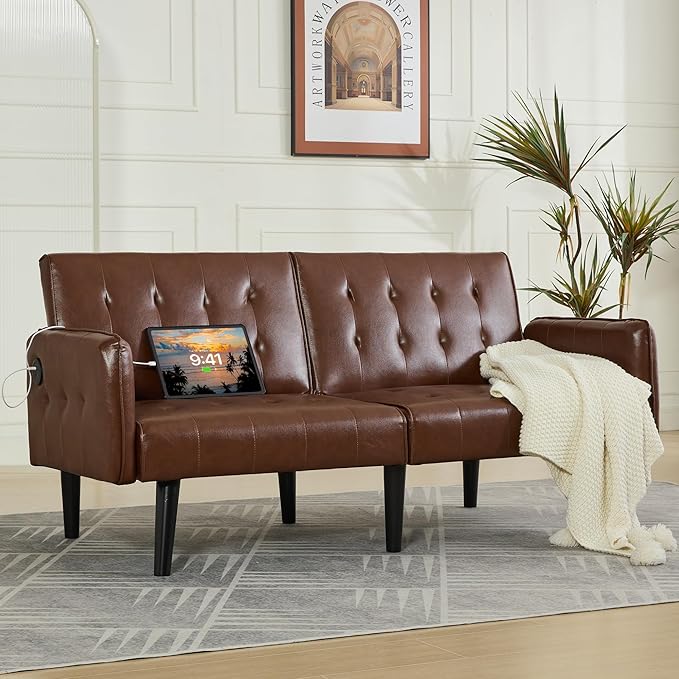 TYBOATLE 65“ Convertible Futon Sofa Bed w/ 2 USB,Tufted Small Adjustable Folding Couch Loveseat, Modern Mid Century Faux Leather Sleeper Sofa for Living Room, Bedroom,Office, Brown