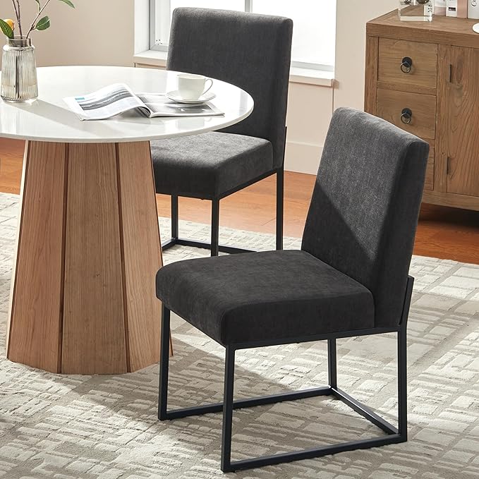 VKNOW Upholstered Dining Chairs Set of 4, Modern Dining Room Chairs, Linen Kitchen Chair Dinner Chair with Black Metal Base for Kitchen Office, Dark Grey-Unstriped