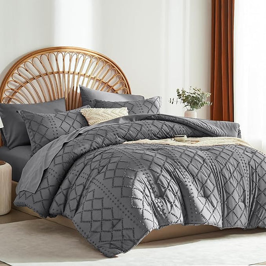 Dark Grey Tufted Comforter Set Queen Size 7 Piece Bed in a Bag,Shabby Chic Boho Comforter and Sheet Set,All Season Soft Microfiber Complete Bedding Set(Dark Grey,90"x90")