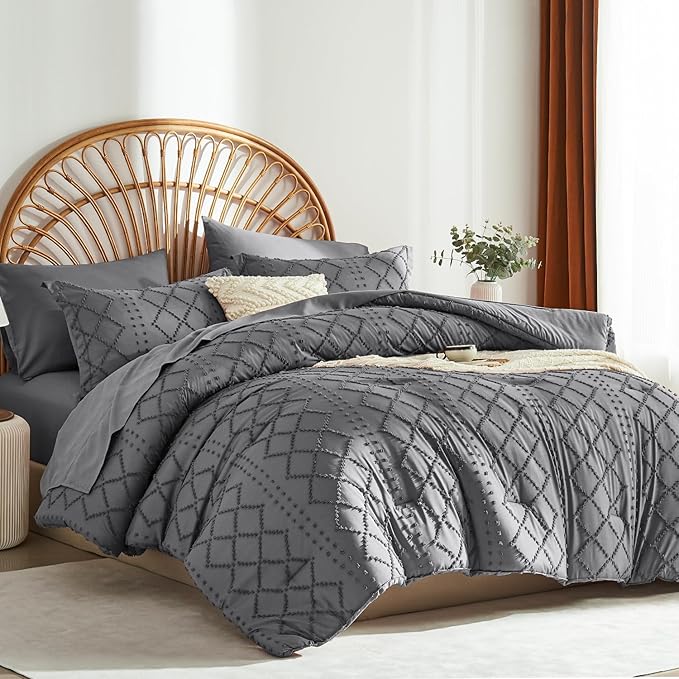 Dark Grey Tufted Comforter Set King Size 7 Piece Bed in a Bag,Shabby Chic Boho Comforter and Sheet Set,All Season Soft Microfiber Complete Bedding Set(Dark Grey,102"x90")