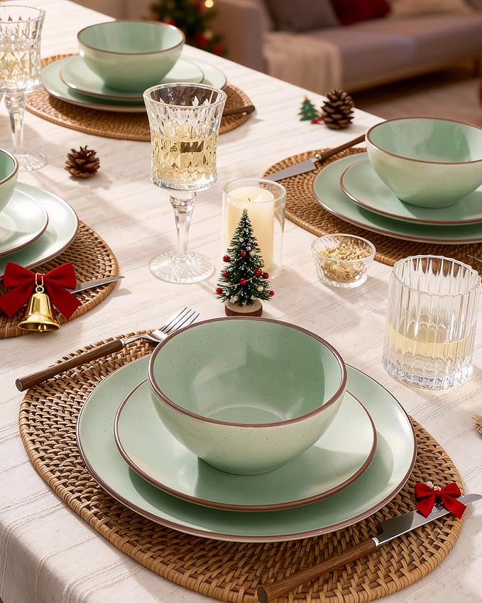 Famiware Venus Plates and Bowls Sets, 18 Pieces Stoneware Dinnerware Sets, Speckled Dishes Set for 6, Microwave and Dishwasher Safe, Matte Light Green
