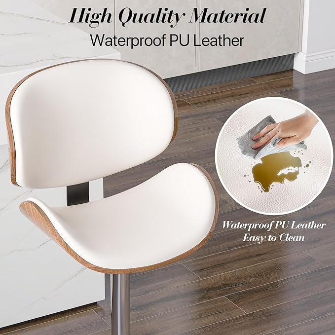 Adjustable Swivel Bar Stools 1 PC, Modern Bentwood Barstool with Large Metal Base and Footrest, PU Leather Upholstered Bar Chair with Curved Back for Kitchen Island Dining Room, White