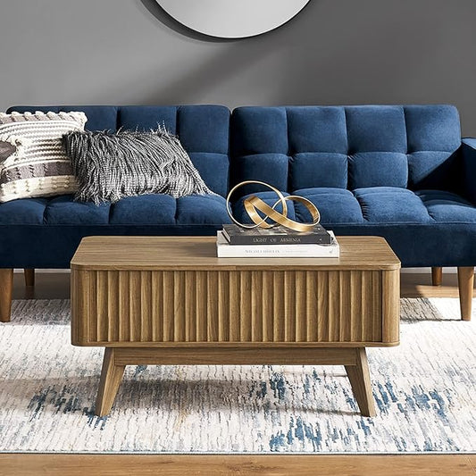 mopio Brooklyn Lift Top Coffee Table for Living Room, Mid Century, Modern Farmhouse with Lifting Tabletop & Hidden Storage, Fluted Panel, Rising Pull Up Dining Table (Walnut)