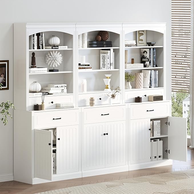 Tall Cabinet with 2 Drawers and Doors, Multi-Functional Storage Unit Set/Bookcase, Kitchen Cabinets, Pantry Cupboard for Living Room/Home Office/Bathroom, White