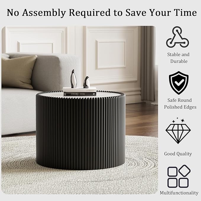 Black Round Coffee Table with Sintered Stone Tabletop, 17.71" Drum Coffee Table with Fluted PU Leather Covered and Stable Base, Circle Cocktail Tea Table for Living Room