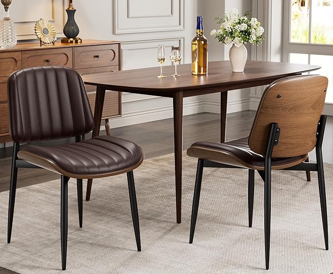 Dining Chairs Set of 4, Mid-Century Modern Upholstered PU Leather Chairs with Walnut Bentwood Back and Metal Legs Adjustable Feet for Kitchen Dining Living Room, Dark Brown Vertical Stripes