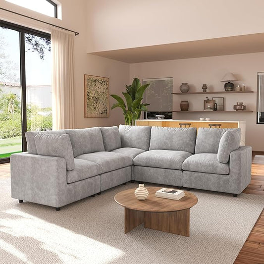 JACH V Shape Sectional Couches for Living Room, Deep Seat Convertible Modular Sofa, Cloud Sectional Couch, Sofa Covers Washable, Minimalist Couch for Living Room, Apartment, Light Grey