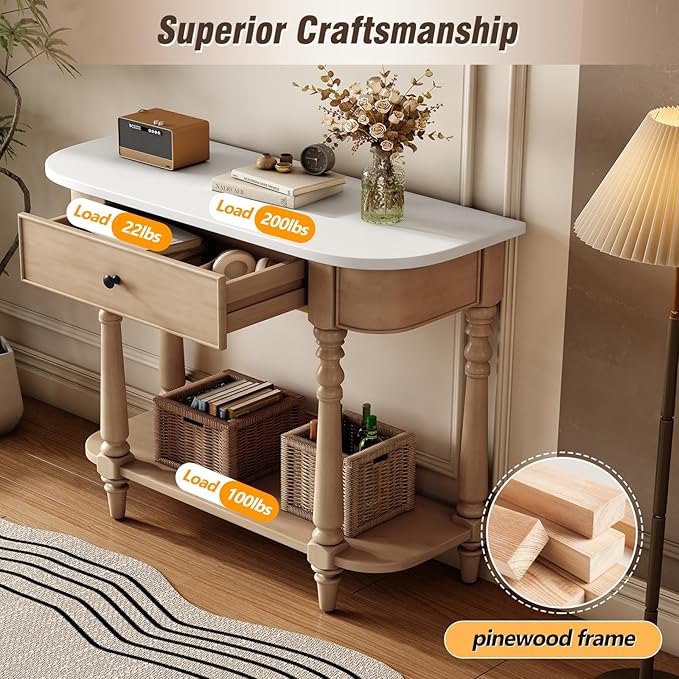 HMFULE Retro Curved Console Table, 36" Solid Wood Half Moon Console Table Sofa Table Entryway Table with 1 Drawer 1 Open Shelf Roman Legs Curved Corners for Living Room,Entryway,Hallway,White+Beige