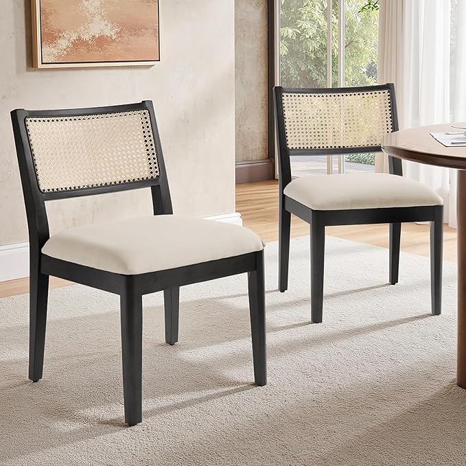 HULALA HOME Rattan Dining Chairs Set of 2, French Solid Wood Kitchen Dining Room Chairs with Curved Back, Upholstered Accent Dinner Cane Chair for Living Room Restaurant, Black