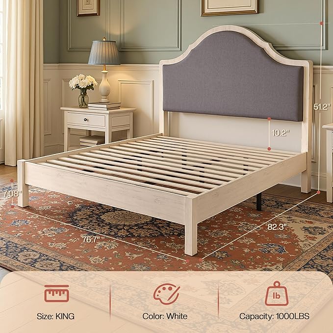 Jocisland King Size Bed Frame with Tall Upholstered Curved Headboard, Solid Wood Platform Bed, No Box Spring Needed, Wood Slat Support, Easy Assembly, White