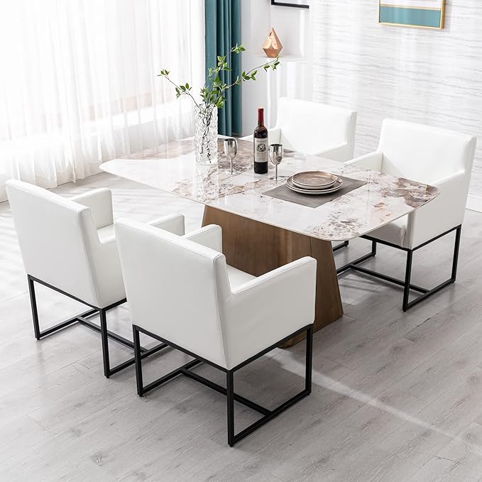 Set of 4 Upholstered Dining Chairs with Armrest, PU Leather Modern Accent Armchairs, Kitchen & Dining Room Chairs Side Chairs, White