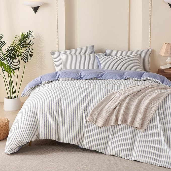 Comforter Set King Striped Blue 100% Soft Washed Microfiber Jacquard 3 Pieces King Striped Bedding Sets Blue White Comforter for All Seasons and 2 Pillowcases Comfort Breathable