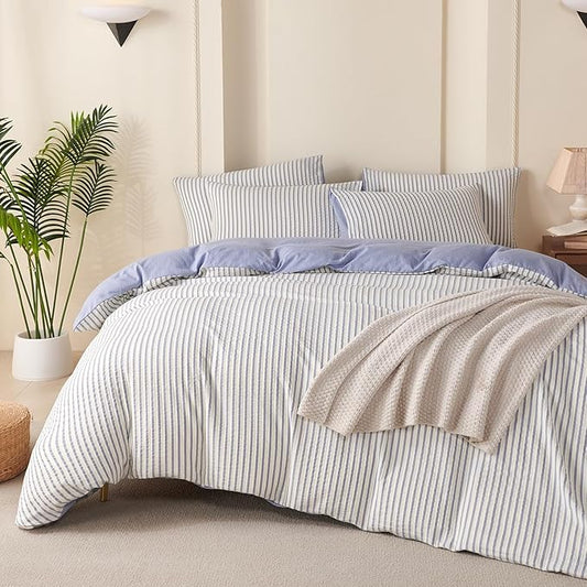 Striped Comforter Queen Blue Soft Luxury Washed Microfiber Jacquard 3 Pieces Bedding, White Blue Vertical Ticking Stripes Pattern Comforter with 2 Pillowcases Breathable Durable Comfy