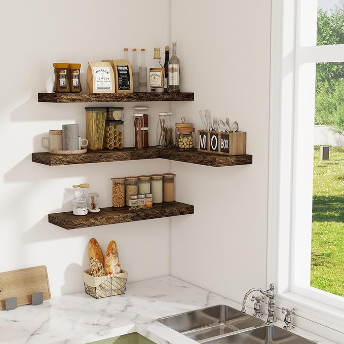Floating Shelves for Wall, 24 Inch Floating Shelves Set of 2, Wall Mounted Rustic Wood Shelf for Bathroom, Living Room, Bedroom and Kitchen, Hanging Shelf for Storage, Books, Home Decor, Rustic Brown