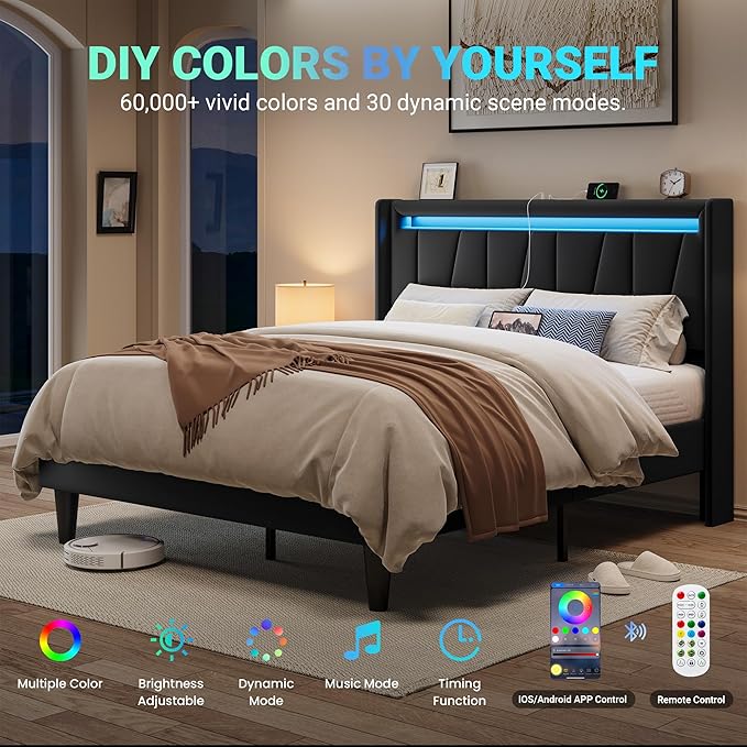 Allewie Full Size LED Bed Frame with Charging Station, Velvet Upholstered Platform Bed with Geometric Wingback Headboard, Modern Frame with No Box Spring Needed, Easy Assembly, Black