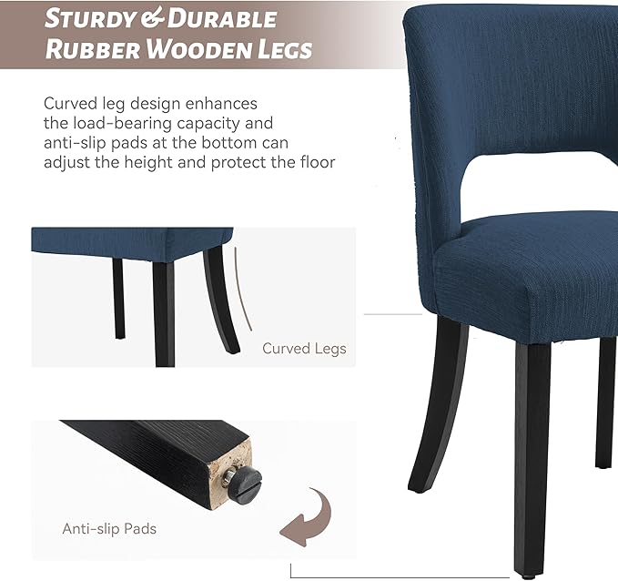 VKNOW Wooden Dining Chairs Set of 2, Modern Fabric Upholstered Dining Room Chair Kitchen Chairs, Farmhouse Dinner Chair for Kitchen Dining Room, Blue-Black Legs