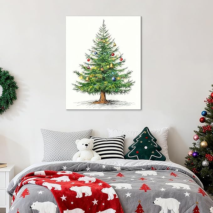Framed Christmas Pictures Wall Decor,Vintage Pine Tree Prints,Winter Christmas Canvas Wall Art Decoration for Bedroom Bathroom Living Room Rustic Xmas Holiday Gifts (Christmas Tree 4, 20'' X 32'')