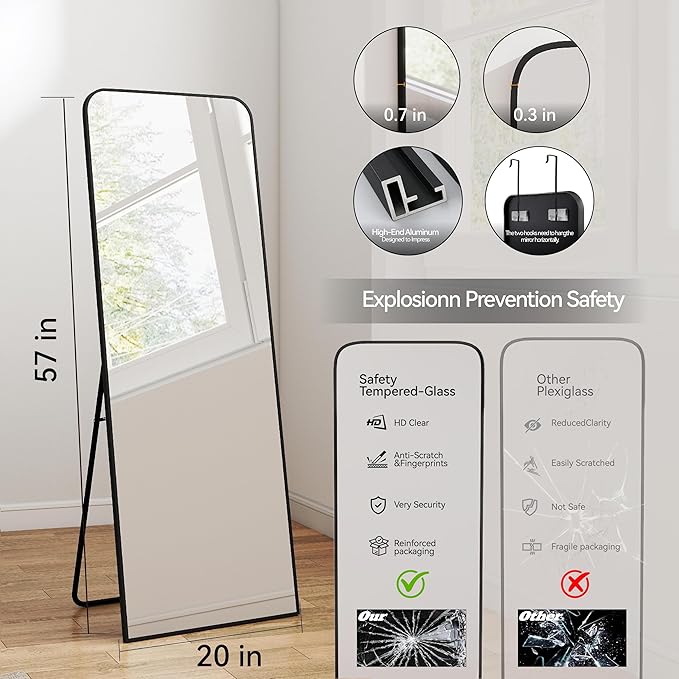 57x20 Door Hanging Full Length Mirror, Floor (Height 5.7ft just Body in 1.3ft) or Wall Mounted Metal Frame Rectangle Dressing Mirrors for Bedroom Bathroom Living Room 57 inch Black