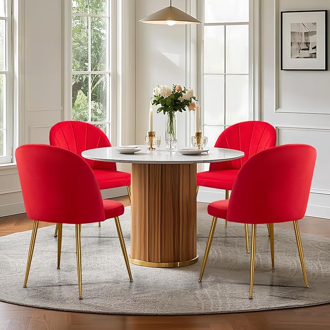 Velvet Dining Chairs Set of 4, Upholstered Mid Century Modern Dining Room Chairs, Armless Accent Chair with Metal Gold Legs for Living Room, Kitchen, Rose Red