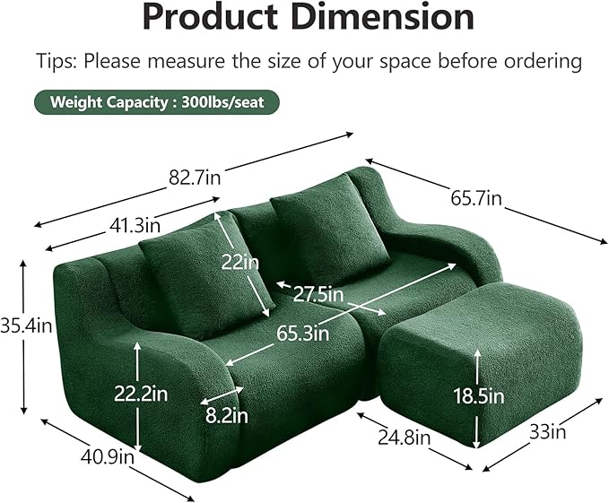 Green Modular Cloud Couch Loveseat with 1 Ottoman, Teddy Fabric Boneless Sectional Sofa in a Box, Comfortable Floor Sofa for Living Room, No Assembly Required, Sofas para Sala