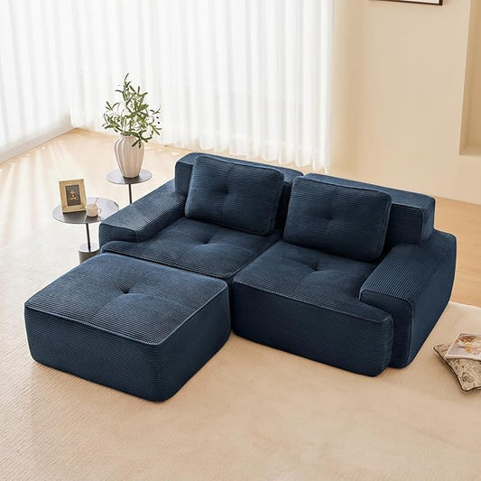 80" Modern Corduroy Boneless Love Seat Couches with 1 Ottoman, 2 Seater Large Sectional Couches for Living Room, Blue Cloud Modular Sectional Sofa, Memory Foam, Extra Deep Loveseat, No Assembly
