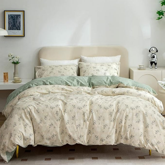 Floral Full Comforter Set Soft Cute Floral Bedding Comforter Sets Garden Style Green Flower Print Botanical Flowers Full Comforter Set for All Seasons 1 Comforter and 2 Pillowcases