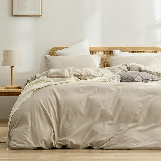BESTOUCH Duvet Cover Set 100% Washed Cotton Linen Feel Super Soft Comfortable Chic Lightweight 3 PCs Home Bedding Set Solid Almond Milk Grey Queen