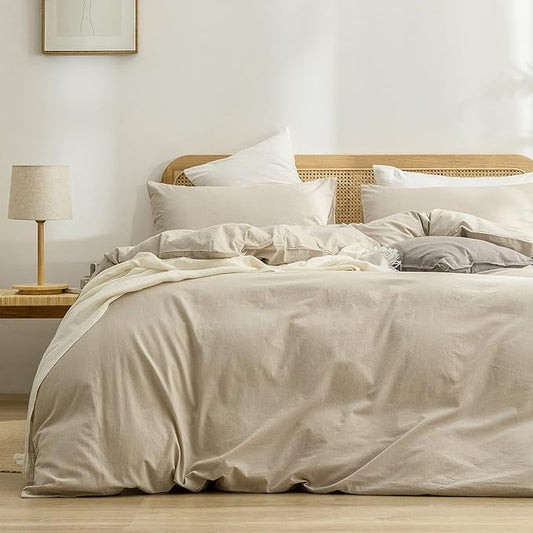 BESTOUCH Duvet Cover Set 100% Washed Cotton Linen Feel Super Soft Comfortable Chic Lightweight 3 PCs Home Bedding Set Solid Almond Milk Grey Super Queen