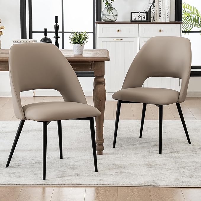 Rowill Dining Chairs Set of 6, Mordern Upholstered Faux Leather Dining Room Chairs, Kitchen Side Chairs with Metal Legs for Guest Reception Waiting Living Room, Khaki