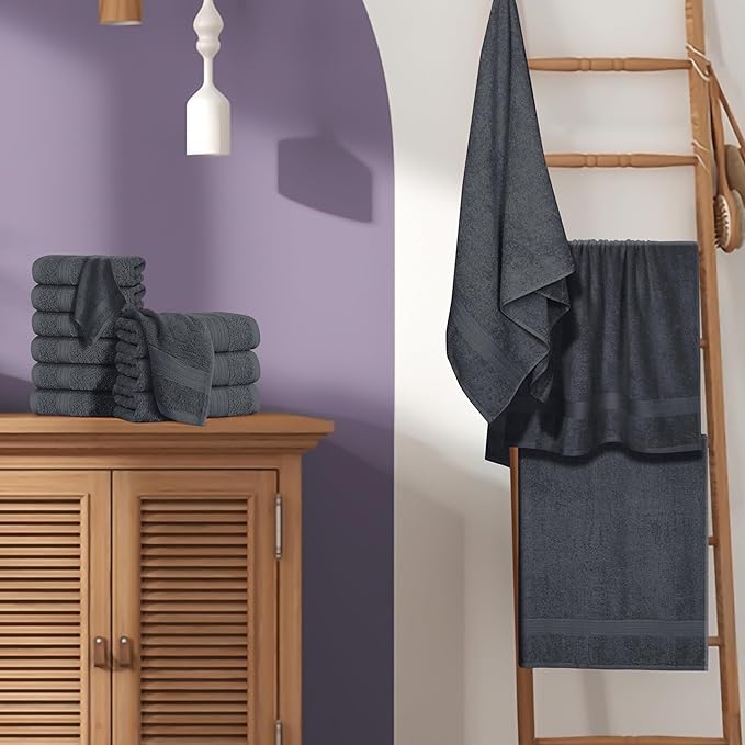 BOUTIQUO 24 Pack Cotton Towel Set, Contains 6 Bath Towels 27x54 inch, 6 Hand Towels 16x24 inch & 12 Wash Coths 12x12 inch, Ideal Everyday use, Ultra Soft Compact & Lightweight - Charcoal Grey