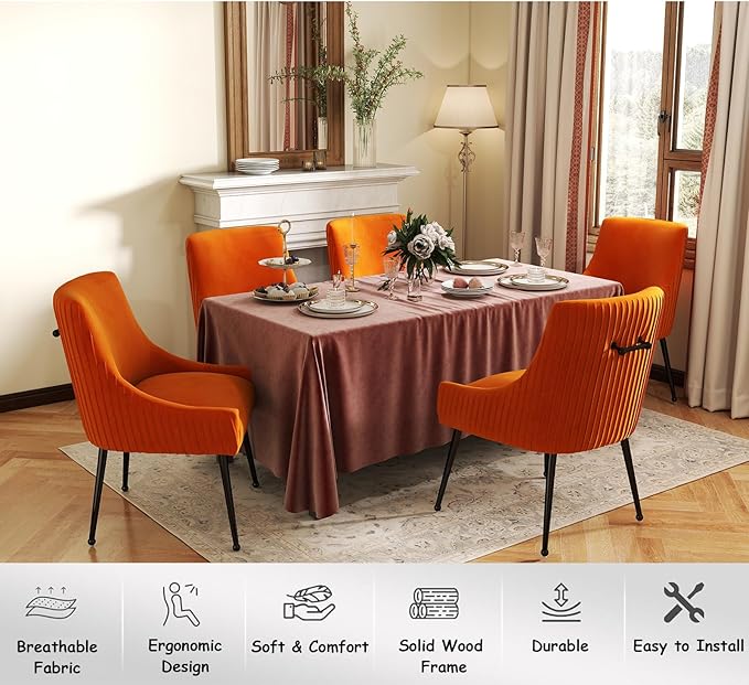 Velvet Dining Chairs Set of 8,Orange Upholstered Living Room Chairs with Black Metal Legs, Modern Tufted Accent Chairs for Living Room, Study Room, Kitchen