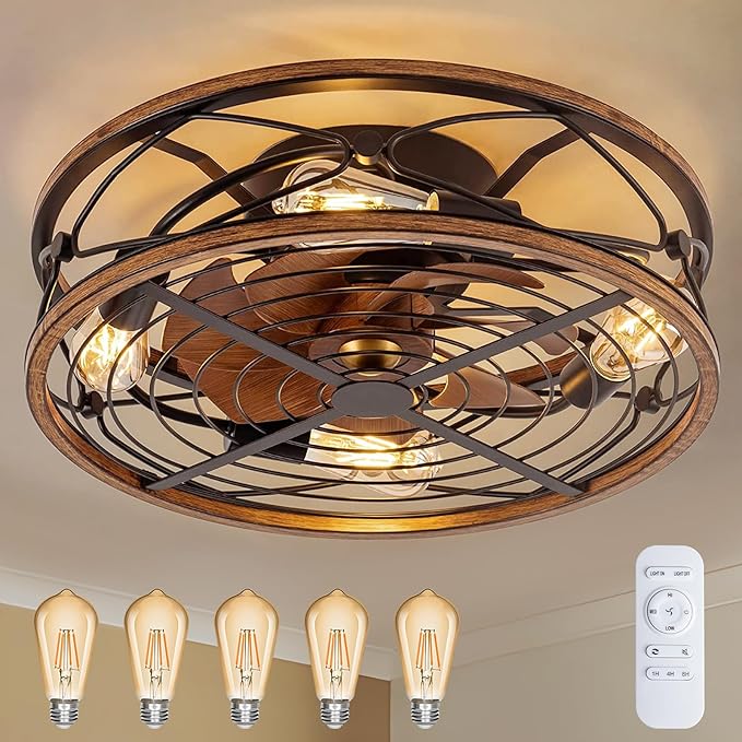 TIFEROR 20" Low Profile Caged Ceiling Fans with Lights and Remote, Farmhouse Flush Mount Ceiling Fan with 3 Speeds Reversible Motor, for Kitchen, Bedroom (Bulbs Included)