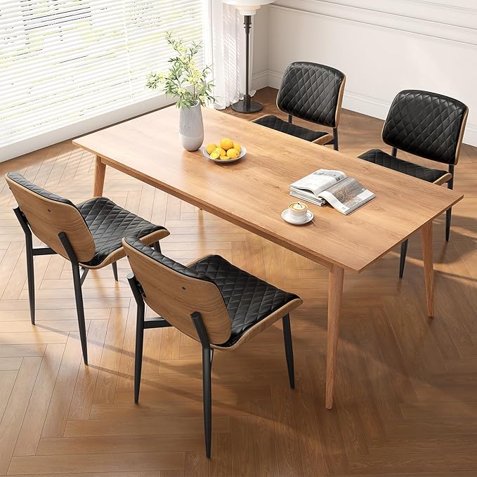 Dining Chairs Set of 8, Mid-Century Modern Upholstered PU Leather Chairs with Walnut Back and Metal Legs Adjustable Feet for Kitchen Dining Room, Black Diamond Plaid