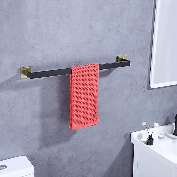 LANC 32-Inche Long Towel Bars for Bathroom Wall Mounted Matte Black and Gold Bath Towel Racks Stainless Steel Towel Rails for Kitchen Square Towel Holder Total-33.5” Towel Hanger, A8804GK-8P1