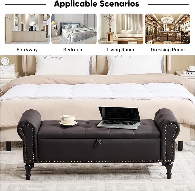 Storage Bench for Bedroom, 51" Upholstered End of Bed Bench, Faux Leather Queen Size Benches with Rolled Arms, Tufted Button Storage Long Ottoman, Living Room, Entryway, Coffee