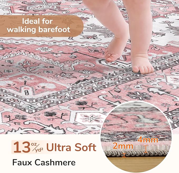 OPPODREAM Thin Area Rugs 4x6, Low-Pile Washable Rugs 4x6 with Non Slip Backing, Faux Cashmere 4 x 6 Throw Carpet, Pink & Cream