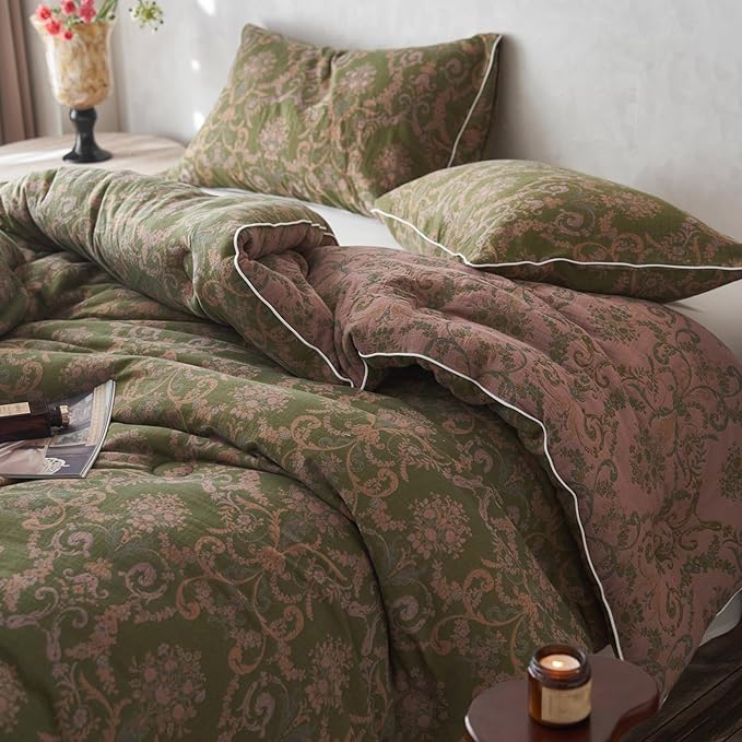 EAVD Paisley Floral Comforter Set Full Soft 100% Muslin Cotton Boho Green Bedding Set with 2 Pillowcases Vintage Floral Botanical Comforter Set for All-Season