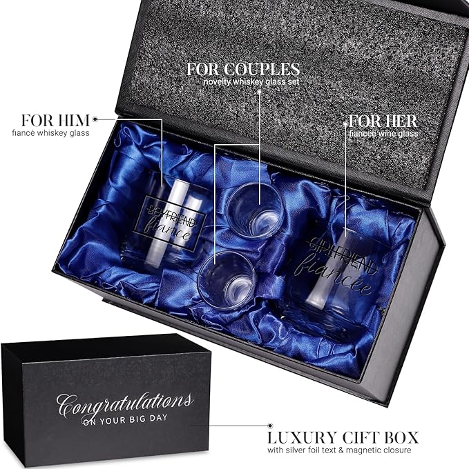 Fiancé Christmas Engagement Gifts for Couples - Stemless Engagement Wine & Whiskey Glasses for Newly Engaged Couples, Mr and Mrs, Wedding Planning Wine Bag
