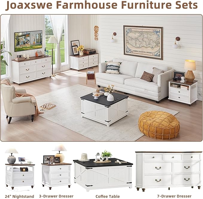 24" Wide Farmhouse Nightstand Set of 2, 37" Tall Rustic Chests of Drawers w/ 4 Solid Wood Feet, Farmhouse Furniture Series for Living Room,Bedroom,White