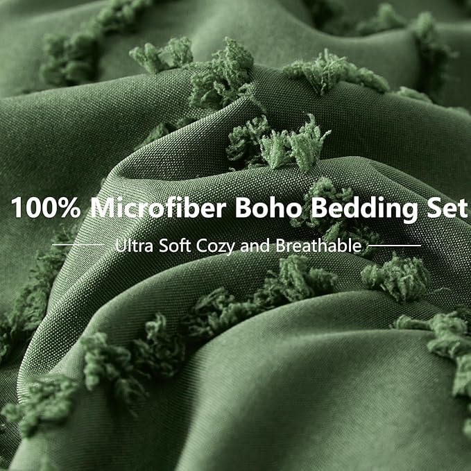 Oliver Green Tufted Comforter Set King Size 7 Piece Bed in a Bag,Shabby Chic Boho Comforter and Sheet Set,All Season Soft Microfiber Complete Bedding Set(Oliver Green,102"x90")