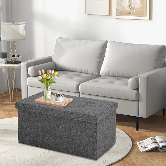 CAROLMADE 30 Inches Storage Ottoman Bench with Flipping Lid, Linen Foldable Storage Footrest, Ottoman with Storage for Living Room Holds up to 330lbs, Dark Grey
