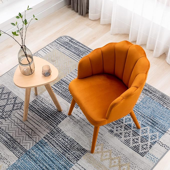Velvet Dining Chairs Set of 2 Modern Living Room Chairs with Petal Back & Wood Legs Comfy Upholstered Side Chair for Dining Room/Bedroom/Vanity, Orange